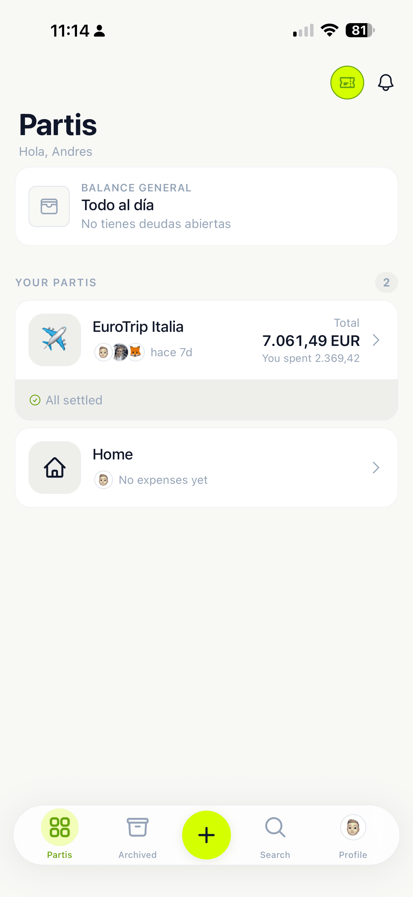 Parti home screen